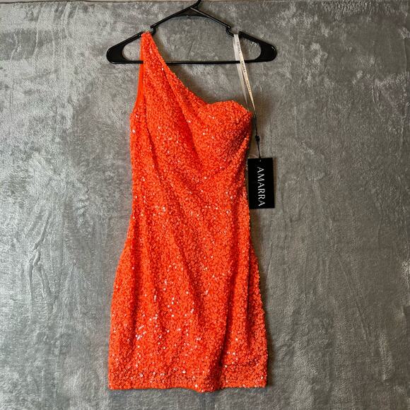 Amarra One Shoulder Sequined Dress Style 87439 Neon Orange Sz 4 New‎ - Picture 2 of 10